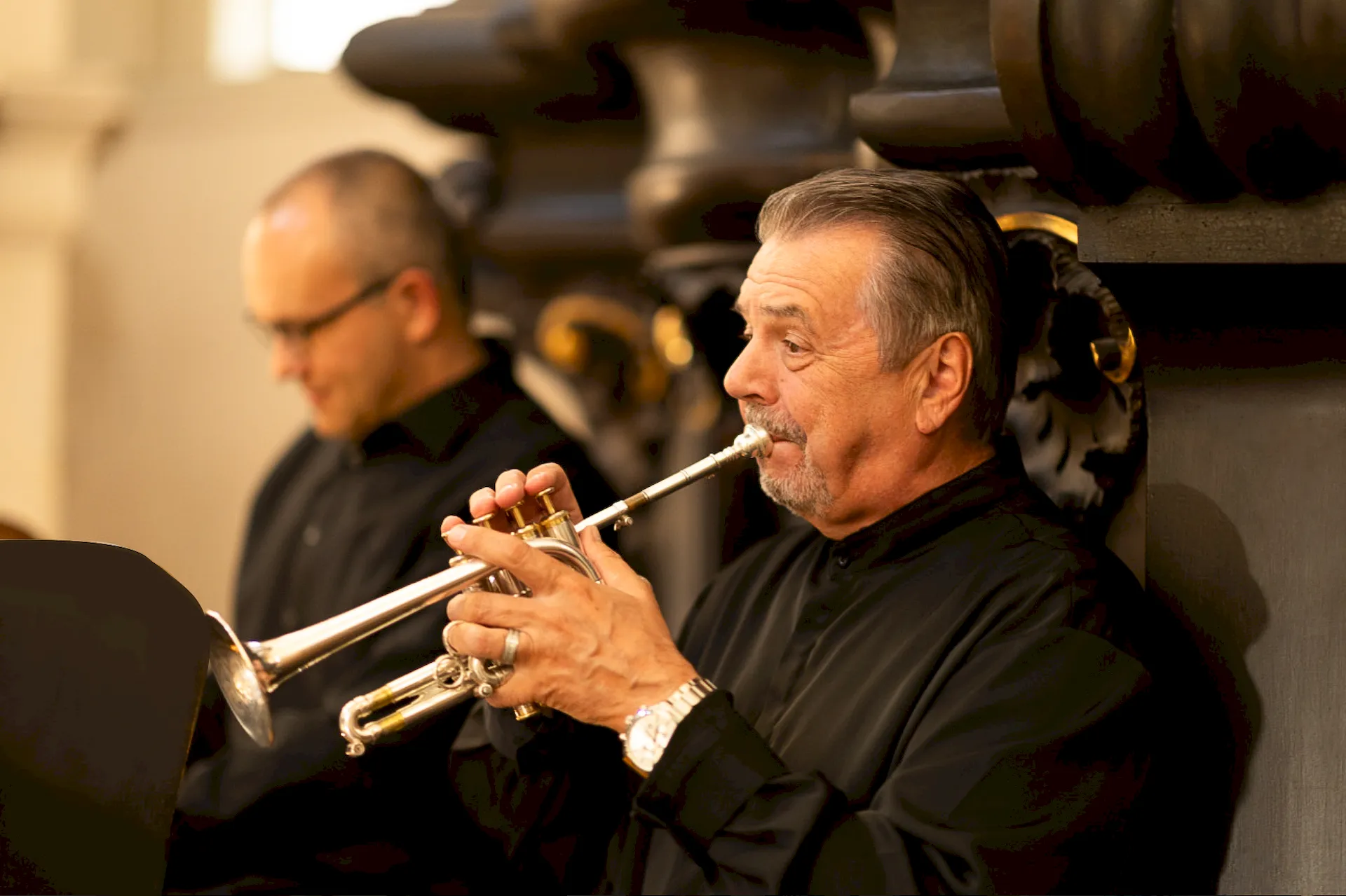 Trumpeter František Bílek performing with organist Michal Hanzal in Kostel sv. Mikuláše