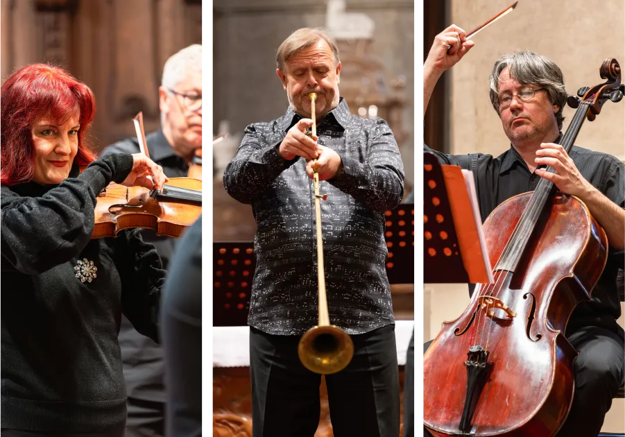 Violinist, trumpeter playing a historic Aida trumpet and cellist performing in Prague