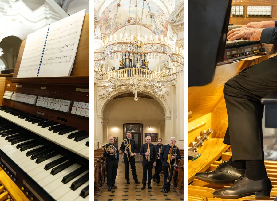 Details of the organist, pipe organ and brass instruments during the concert
